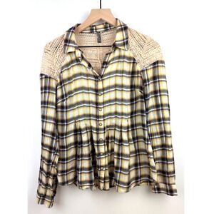 Free People Plaid Crochet Lace Shoulder Button Down Shirt size 4